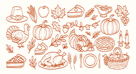 A drawing of a Thanksgiving table with many different foods and utensils. The drawing is orange and has a festive mood