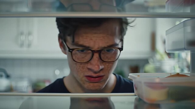 Man with Freckles Wearing Glasses Looking Inside a Refrigerator with Food Containers and White Interior
