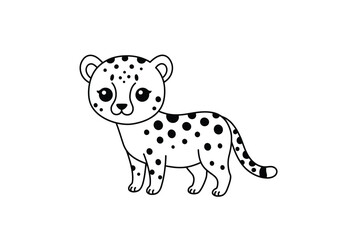 Kawaii cute cheetah drawing. It is a line art sketch of a cute cheetah cub in a kawaii style, a spotted feline animal with an adorable and charming expression. Vector sketch line art draw.