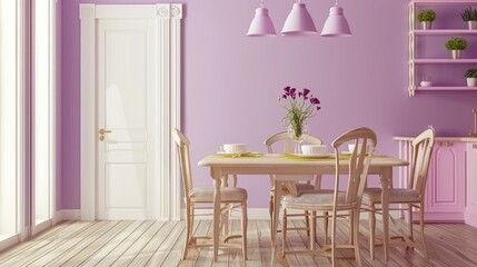 Pastel Purple Kitchen Dining Area with Wooden Table and Chairs Decorative Shelves and Floral Arrangement