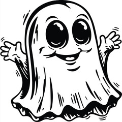 Cute cartoon ghost smiles brightly with stars in its eyes amid night icons