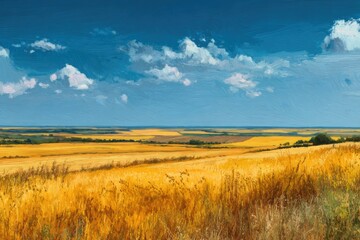 sweeping view of golden wheat fields under bright summer sun, horizon stretching far away.