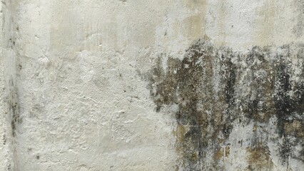 Close-up photo of an old, stained, and weathered concrete wall with peeling paint and mold...