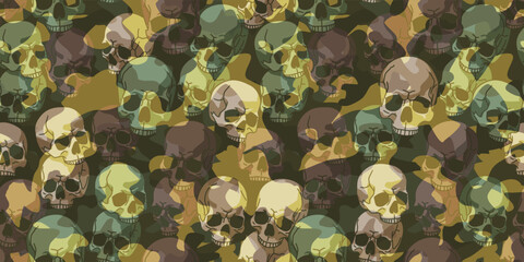 Camo background with skulls in army green. Seamless repeating pattern. Stock vector illustration for your design.