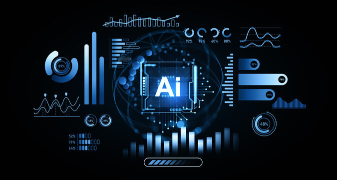 Artificial intelligence data analytics interface with futuristic HUD bar charts, circular graphs, and percentage gauges on dark background concept. 3D Rendering