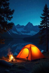 Cozy camping scene at night, warm firelight illuminating a tent and surrounding landscape Perfect for travel, adventure, and outdoor gear websites , cozy, glow