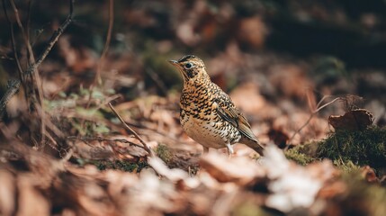 Fototapeta premium Forest Floor Gem: The Delicate Beauty of a Speckled Brown Bird in Its Natural Habitat