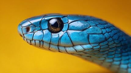 A striking close-up captures the intense gaze of a blue snake, its scales shimmering with intricate detail against a vibrant yellow backdrop, evoking a sense of wonder and primal beauty.