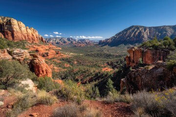 Naklejka premium sweeping wide view of a canyon with layered red rocks, clear blue sky, natural bright daylight.