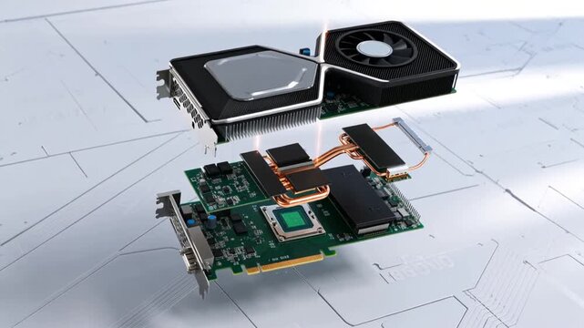 Graphics card exploded view animation showing GPU components separating and reassembling on white technical surface