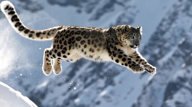 Snow leopard jumping between rocky cliff ledges in snowy mountain landscape with powder snow flying through air