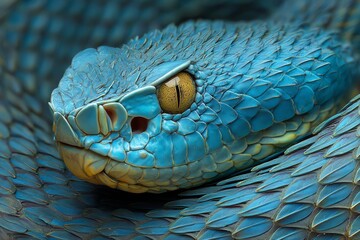 Fototapeta premium A striking close-up captures the iridescent scales and intense gaze of a blue pit viper, showcasing the beauty and power of this tropical reptile in its natural habitat.