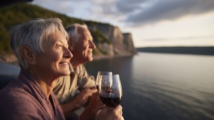 Middle-aged couple enjoys wine and sunset by the water's edge in a serene outdoor setting