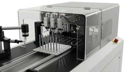 Automated assembly machine isolated on transparent background for manufacturing