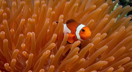 A Vibrant Clownfish Portrait Nestled Among the Coral: A Close-Up of Marine Life and Symbiosis