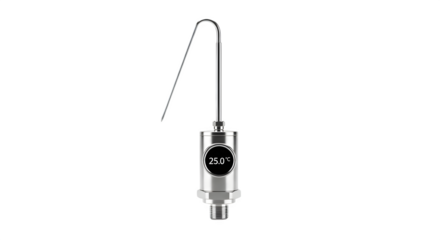 Stainless steel pressure transmitter isolated on transparent background, industrial sensor