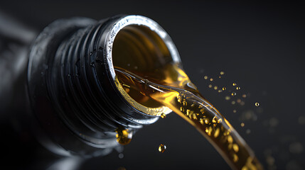 Synthetic engine oil. Engine oil drip bio-ethanol lubricants. Vehicle oil bottle spill. Engine compartment ppm mineral oil. Transmission fluid oil change, automobile pouring oi from a keg container. 