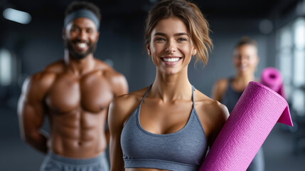 A man and woman holding a yoga mat in a gym
