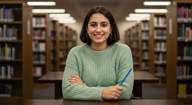 A woman smiles holding a pencil in a library She wears a green sweater Bookshelves flank her with tables