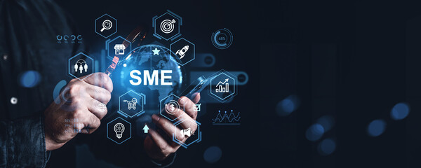 SME digital strategy concept with business icons and globe on dark background.