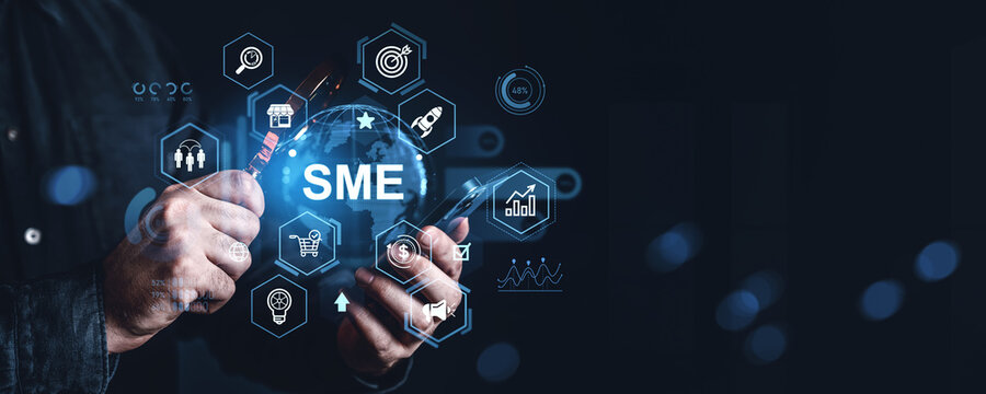 SME digital strategy concept with business icons and globe on dark background.