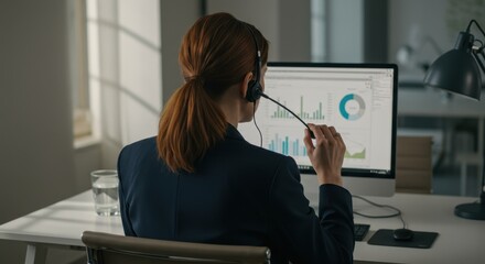 A woman with red hair wearing a headset looks at a computer screen displaying charts She sits at a white desk