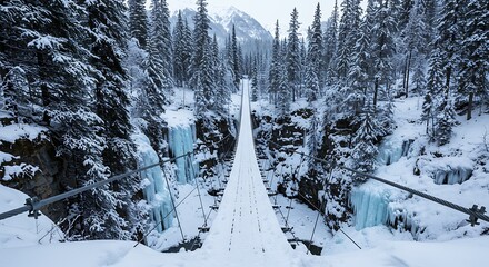 Snow covered suspension bridge over a frozen gorge with icicles and pine trees.