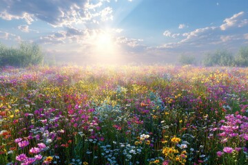 Obraz premium vast sweeping meadow full of colorful wildflowers, sunlight streaming through, bright and cheerful landscape.