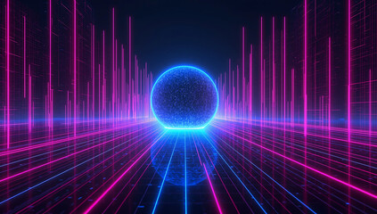 Glowing blue orb portal in a futuristic neon light tunnel with digital data streams and vertical lines