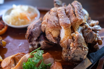 Crispy German pork knuckle served in the restaurant