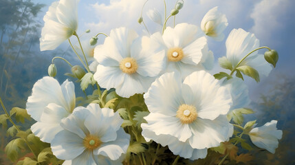 white flowers on blue background