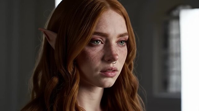 Sad Elf Close Up with Auburn Hair Braids and Green Eyes and Piercing Looking to the Left Side with White Background