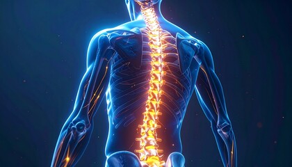 Frontal anatomical illustration with glowing spine and nerves — vibrant neural focus on dark smoky backdrop.