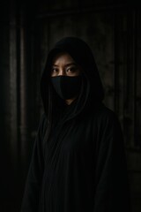 Mystery in Shadows: A figure veiled in black, shrouded in the enigmatic embrace of shadows. Masked in secrecy, eyes meet the viewer, capturing intrigue and anticipation