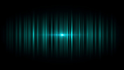 Abstract glowing turquoise sound wave equalizer bars with bright light in the center on a dark background