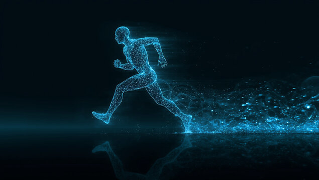 Abstract digital runner composed of glowing blue particles in motion against a dark background
