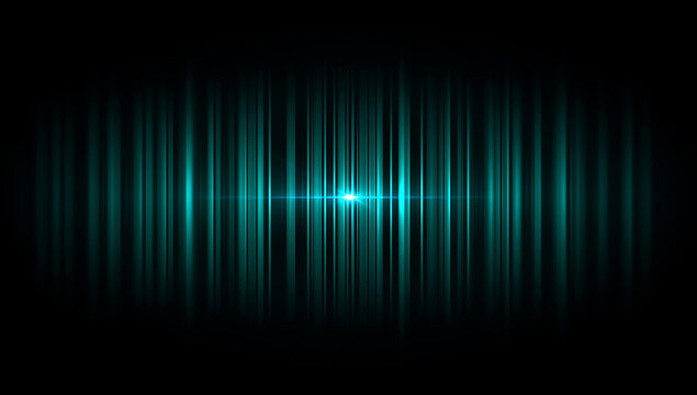 Abstract glowing turquoise sound wave equalizer bars with bright light in the center on a dark background
