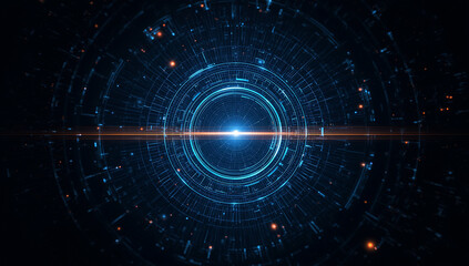 Abstract futuristic digital interface with glowing blue geometric patterns and a bright light beam