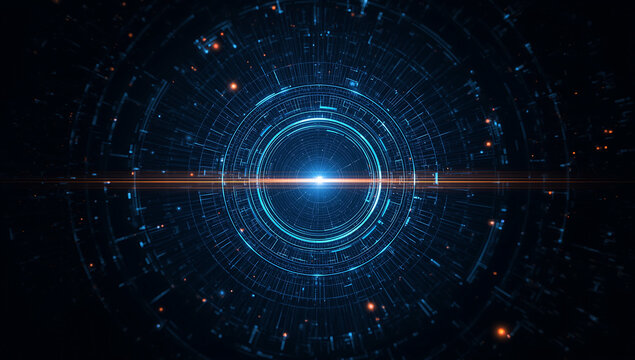 Abstract futuristic digital interface with glowing blue geometric patterns and a bright light beam