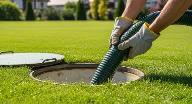 Man removing a drainage hose from an open septic tank cover in a green lawn. Home sewage system maintenance concept for residential properties.