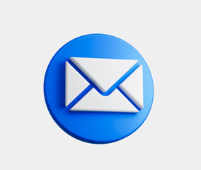 3D White envelope on a Blue circular button, symbolizing email and messaging. 3d illustration