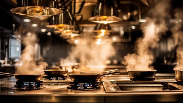 Professional restaurant kitchen with steaming pans on gas stoves, food cooking