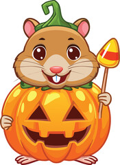 An adorable chubby cartoon Hamster character wearing a round, plump pumpkin costume, with its tiny paws and face peeking out, holding a single candy corn, full body vector