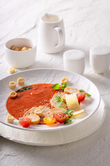 Refined tomato soup in exclusive restaurant made by the chef.
