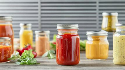 Variety glass jars filled with different spicy pepper sauces, background