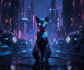 Robotic Black Cat with Glowing Eyes in a Futuristic Metropolis