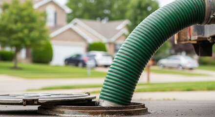Green hose entering open septic tank manhole for emptying process. Residential house in background with green lawn. Wastewater treatment service concept.