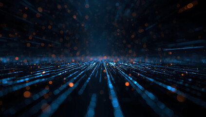 Abstract digital data stream flowing through a futuristic dark technological tunnel with glowing blue lights