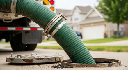Suction hose extracting sewage from a septic tank. Septic pumping service and maintenance for home sanitation system.