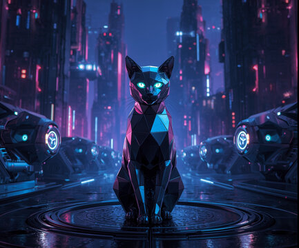 Robotic Black Cat with Glowing Eyes in a Futuristic Metropolis